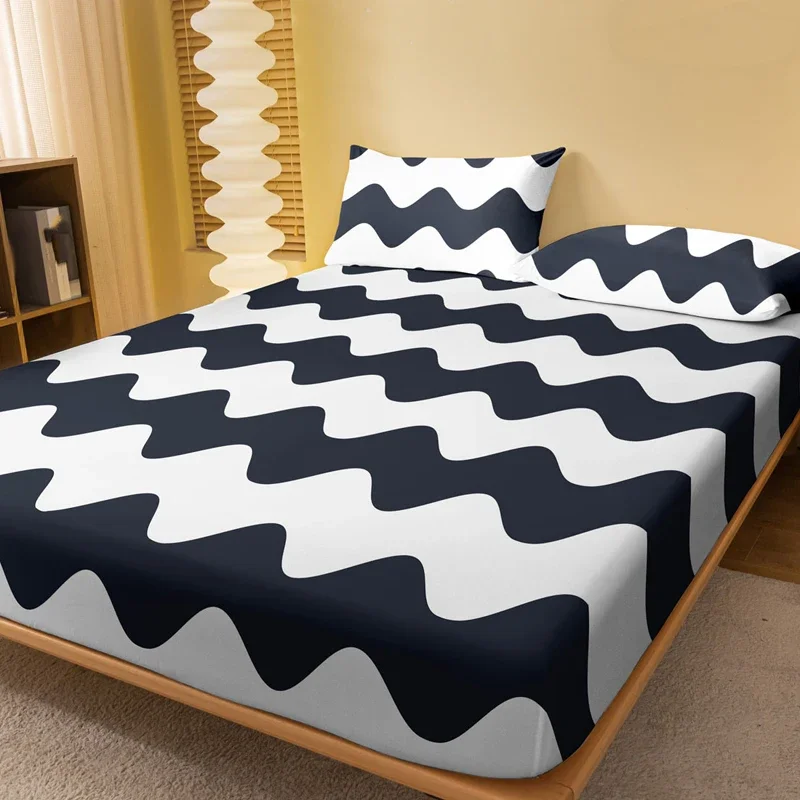 1 Simple modern Wave geometry printed matte Fitted Sheet, bedroom printed bed cover, bedding (excluding pillowcases)