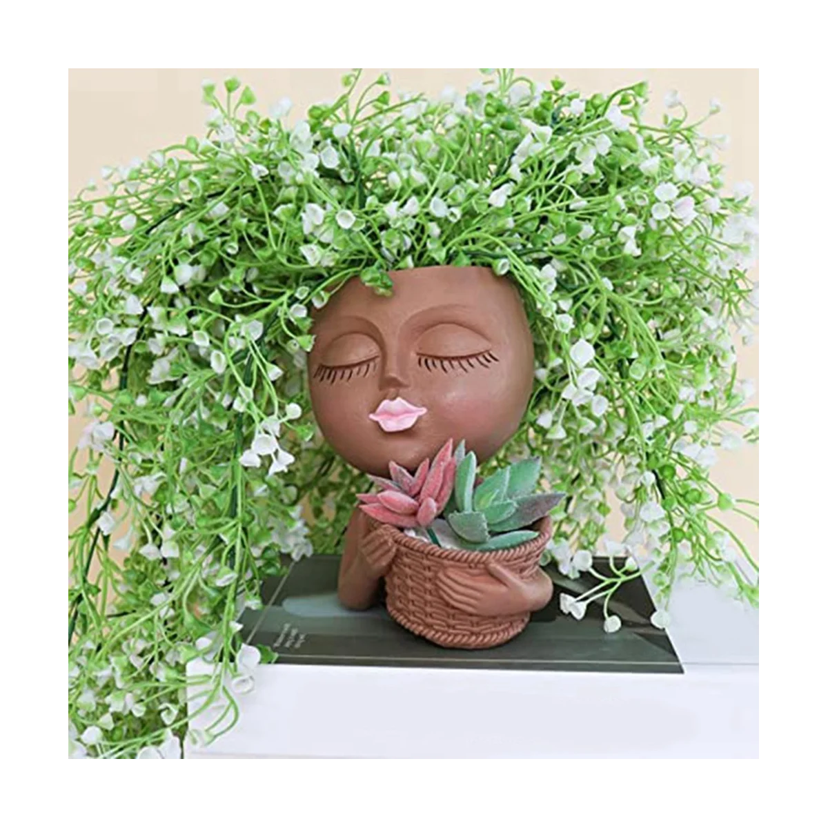 Two-In-One Flowerpot,Cute Lady Face Plant Pots, Suitable for Indoor Outdoor Plants Succulent
