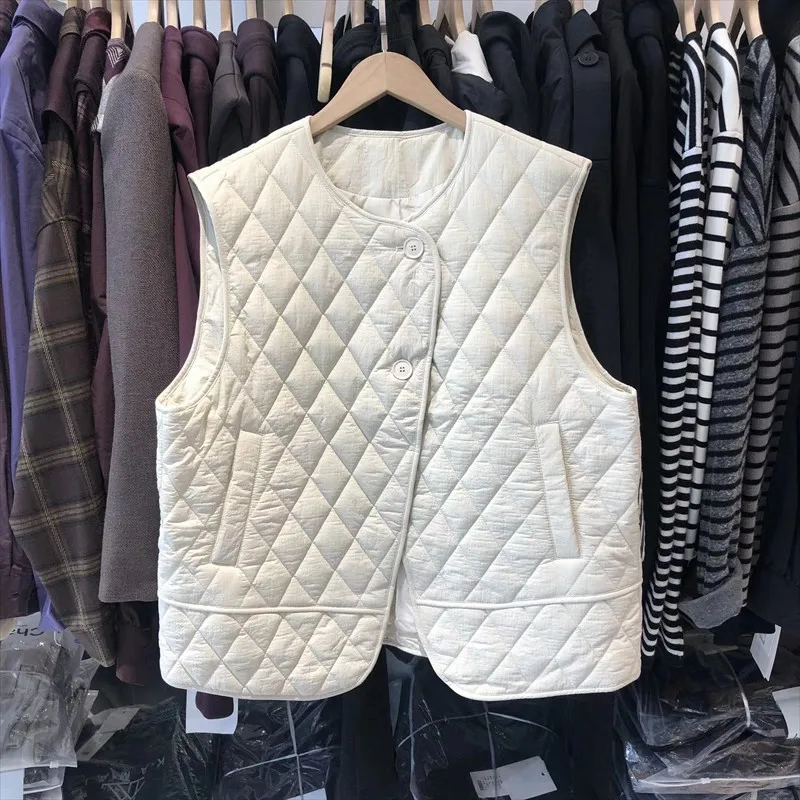 Women Korean Style Autumn Diamond Quilted Sleeveless Cotton Vest Casual Versatile Layering Waistcoat