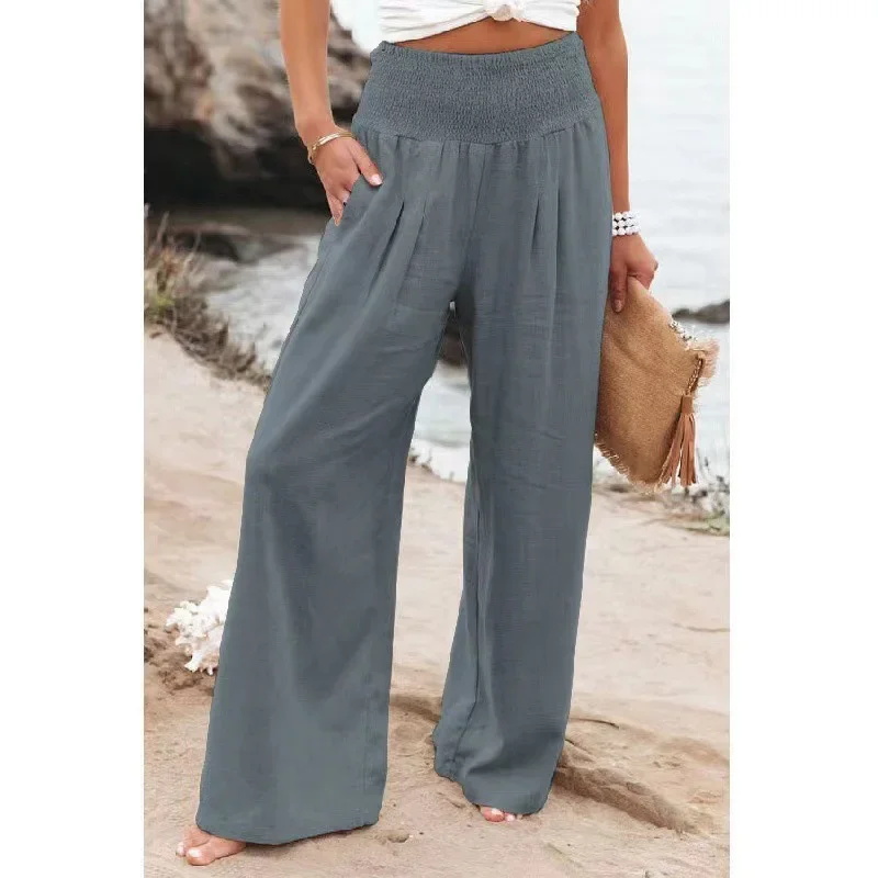 Spring Summer for Women 2022 New Women Pants Office Lady Cotton Linen Pockets Solid Loose Casual White Wide Leg Long Trousers