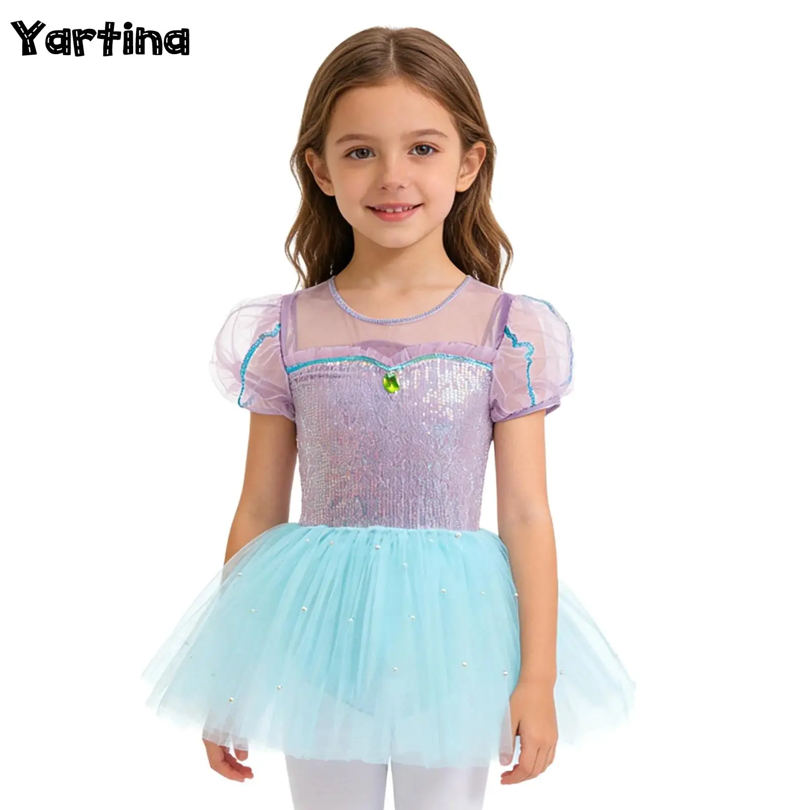 幼児女の子用妖精パーティー-バレエチュチュ-ダンスパフォーマンス衣装-ショートパフスリーブ-バレリーナチュールチュチュ-レオタードドレス-ブリーフ付き