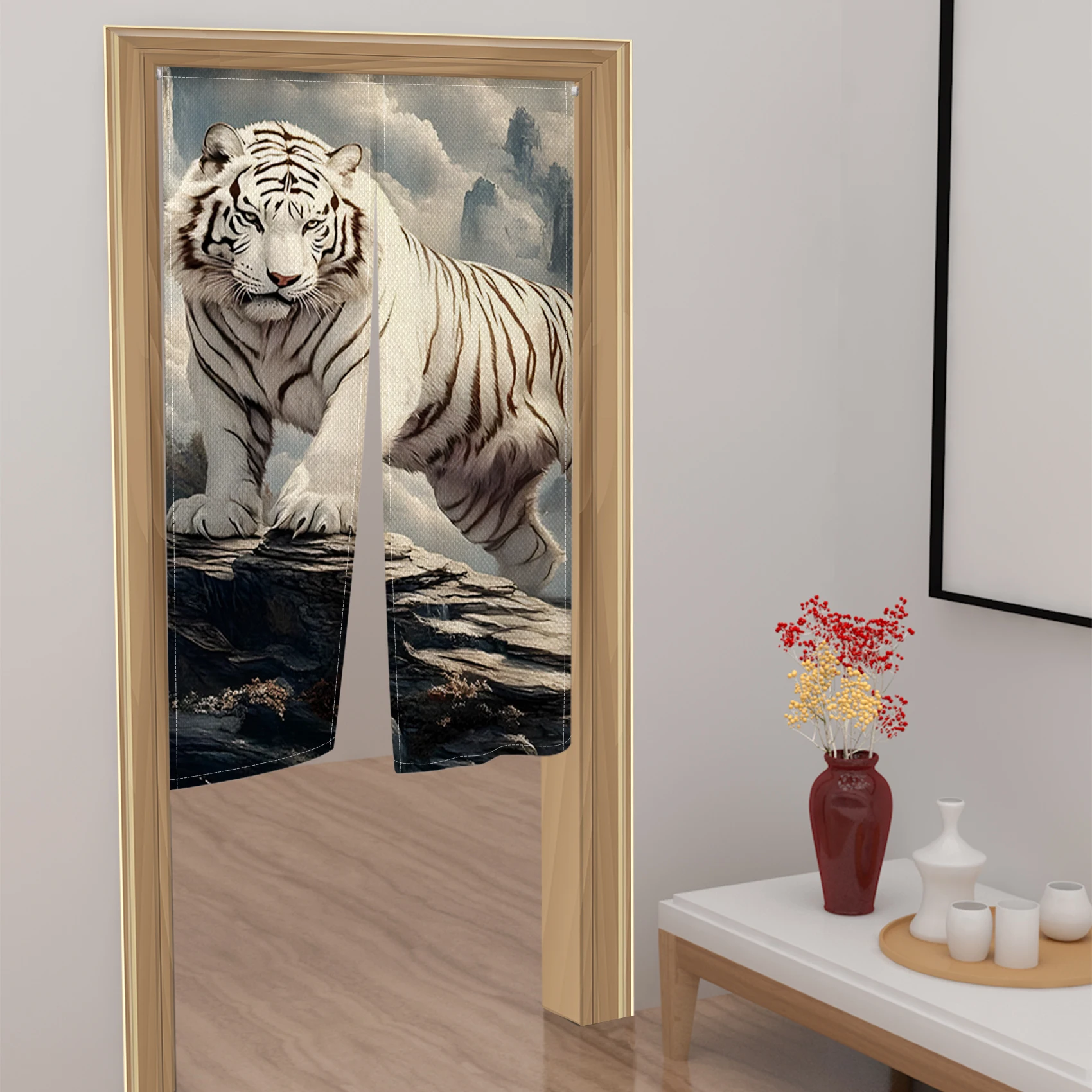 Tiger Pattern Noren Door Curtains Floral Print Izakaya Restaurant Partition Linen Doorway Curtains Kitchen Bedroom Half Curtain