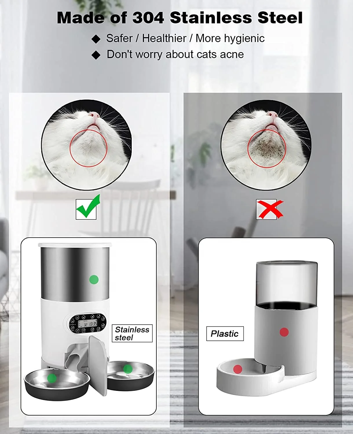 Pet Food Dispenser Automatic for Cat with Two-Way Splitter and Double Bowls Automatic Dog Feeder