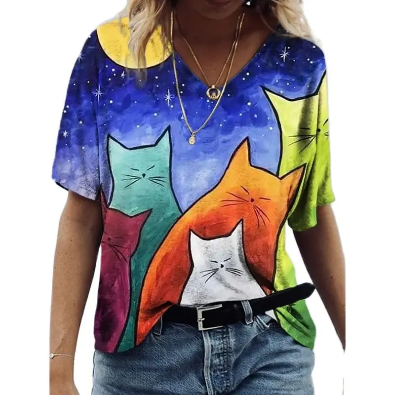 Women\'s 3d Cats Print T-Shirt Fashion Woman Blouses 2023 Funny Kawaii V-Neck T Shirt Female Clothing Oversized Summer Tops Tees