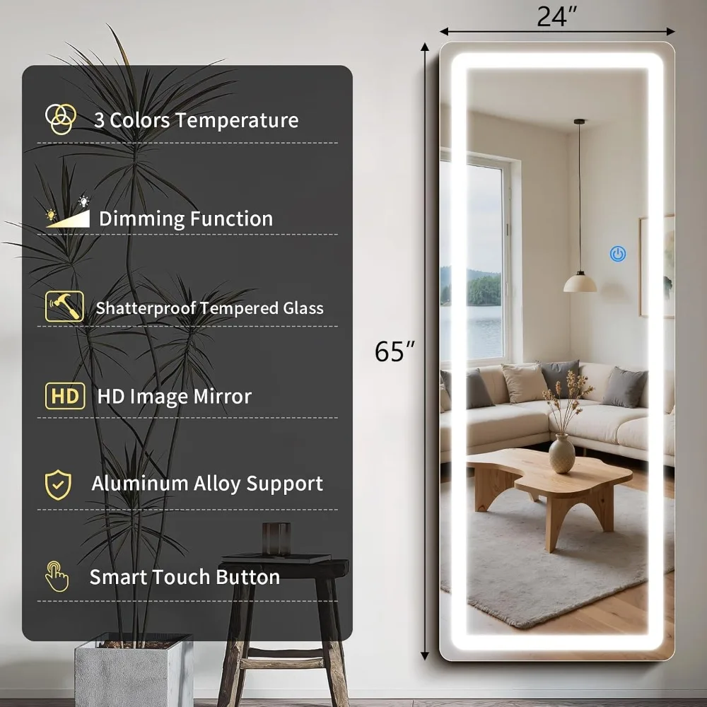 全身LEDフロアミラー 65x24インチ、角丸デザイン、調光可能な3色ライト付き、全身鏡、スタンドミラー
