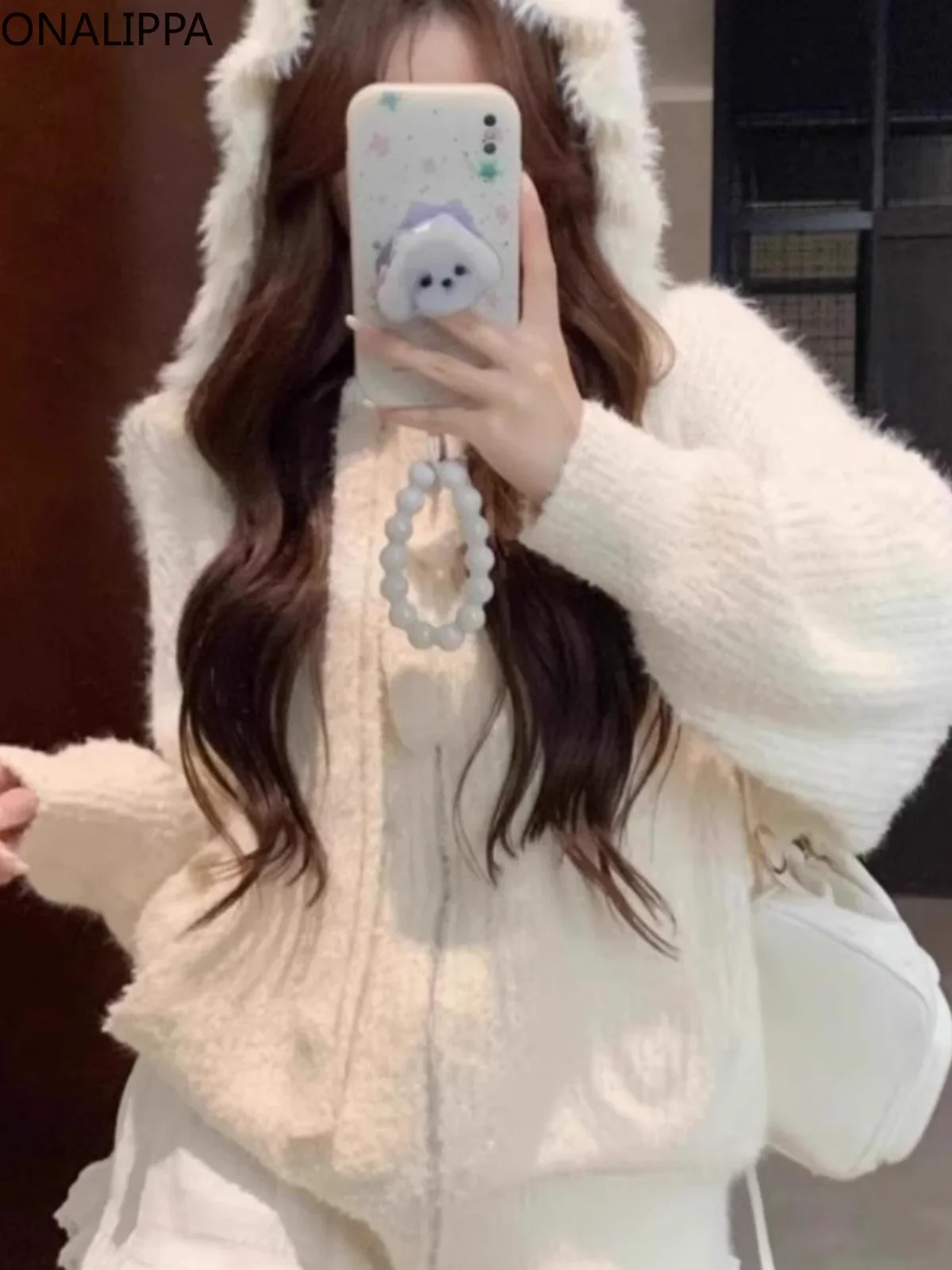 Onalippa Imitation Mink Fur Horsehair White Cardigan Women Pure Design Wind Zip Up Cardigans Korean Hooded Casual Hoodies