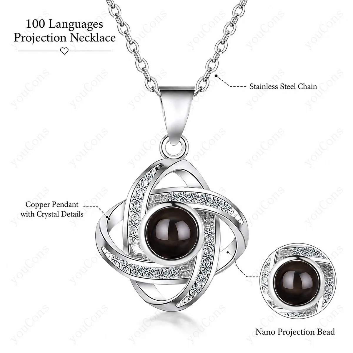 100 Languages I Love You Projection Necklace Geometry Pendant With Multi Color Rose Gift Box Mother's Day Valentine's For Women