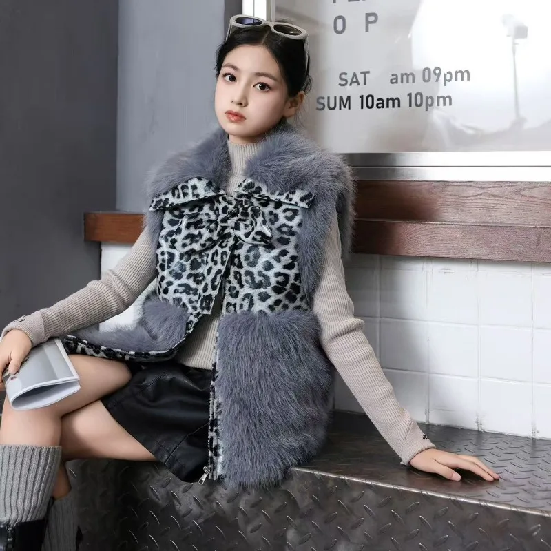 Kids Fur Jacket for Girls Faux Fox Fur Waistcoat Teenage Children Sleeveless Coat Fashion Grey Apricot Outwear 2026 Winter New