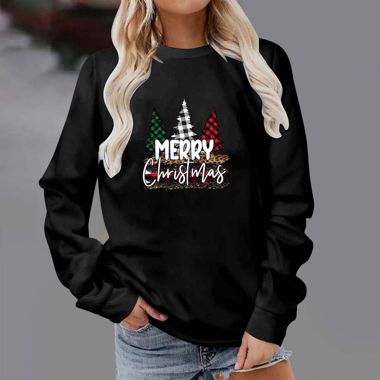 

Merry Christmas Christmas Tree Letter Printed Women's T-shirt Autumn Fashion Loose Top O-neck Casual Long Sleeve Women's T-shirt