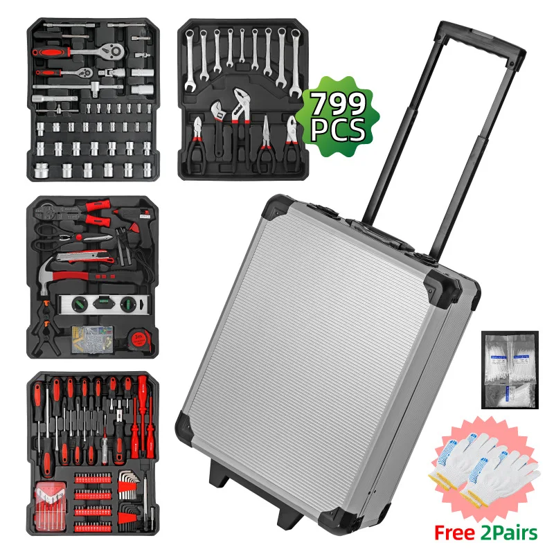 

799pcs Tool Handle Suitcase Household Tool Set Aluminum Suitcase Handle Wrench Pliers Socket Set Ferramentas 디버링 툴 Tools