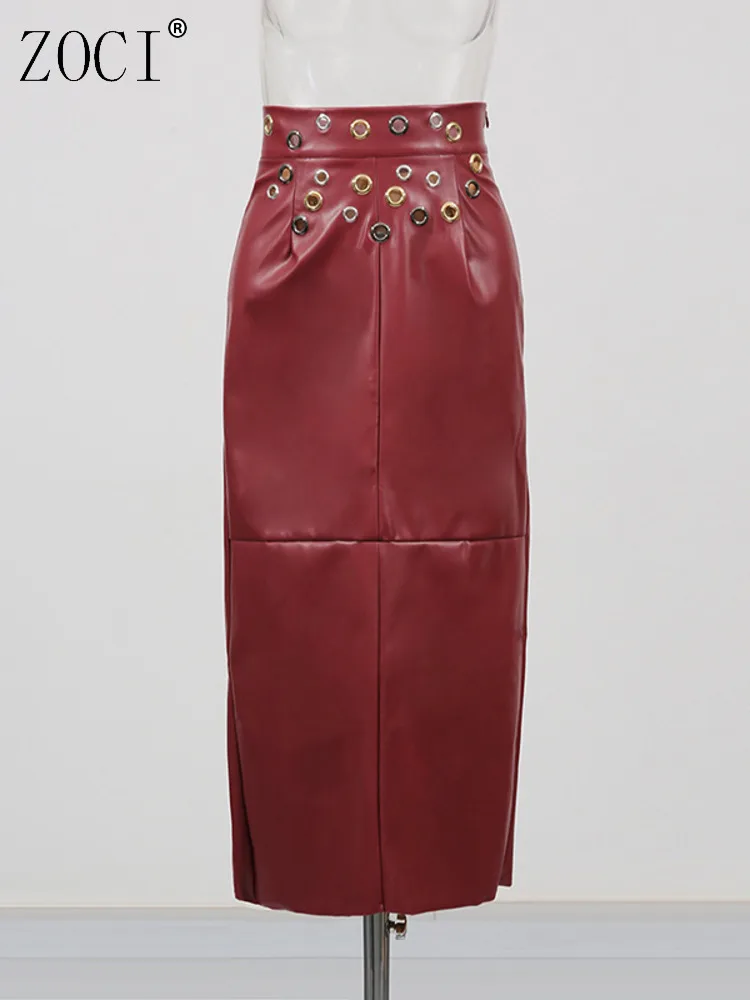 

ZOCI Women's Leather Skirts Unique Design Metal Ring Patchwork Skirts Street Wear Female Mid-calf Skirt Fashion 2025 Autumn New