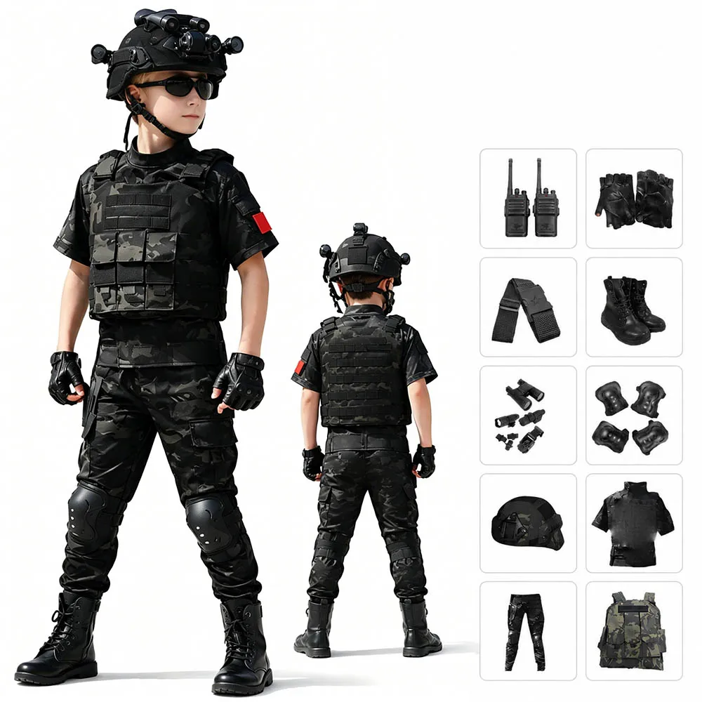 Kids Tactical Camo Uniform Children's Day Boys Girls Cosplay Costume Set Military Combat Outfit for Outdoor Role Play Training