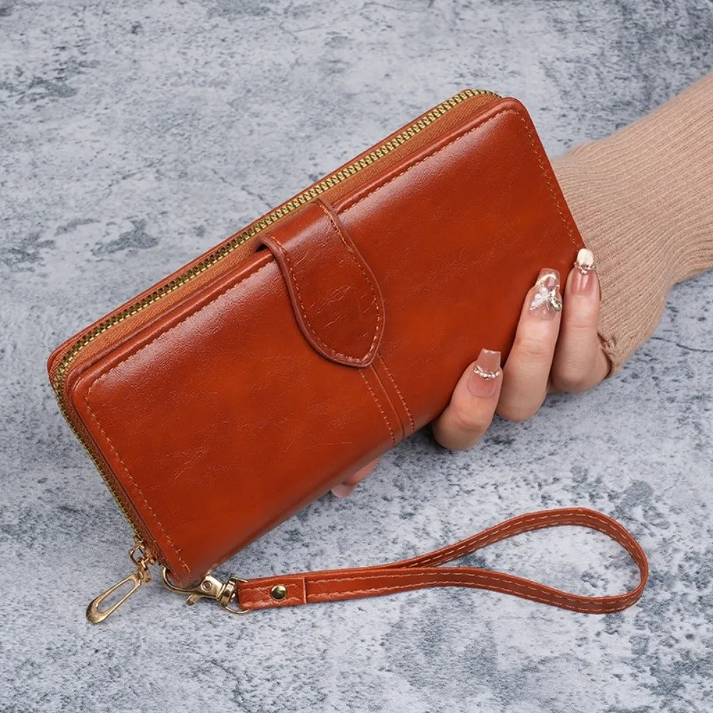 New Long Women Wallet Large Capacity Double Layer Leather Wallets Oil Wax Multiple Card Slots Ladies Clutch Bag Travel