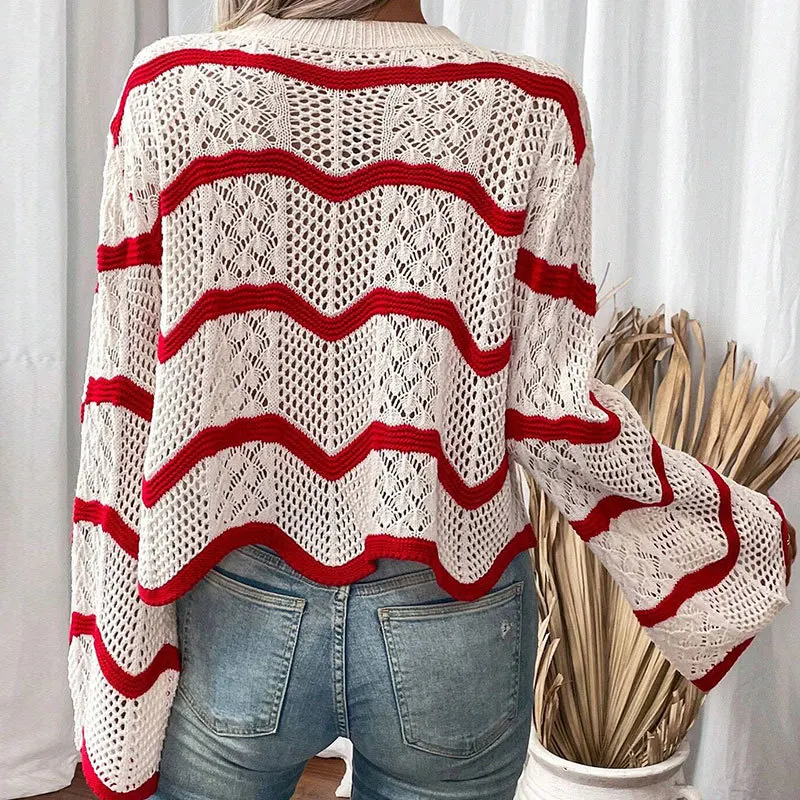Ladies Chevron Striped Hollow Out Knit Top Bell Sleeve Crew Neck Sheer Crochet Sweater for Fall & Summer view 6