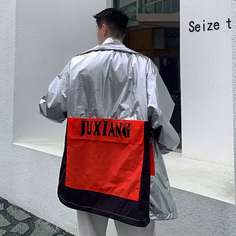

New 2025 Autumn Hip Pop Bright Patchwork Long Jackets for Men Streetwear Fashion Sliver Trench Coat Men Oversized Windbreaker