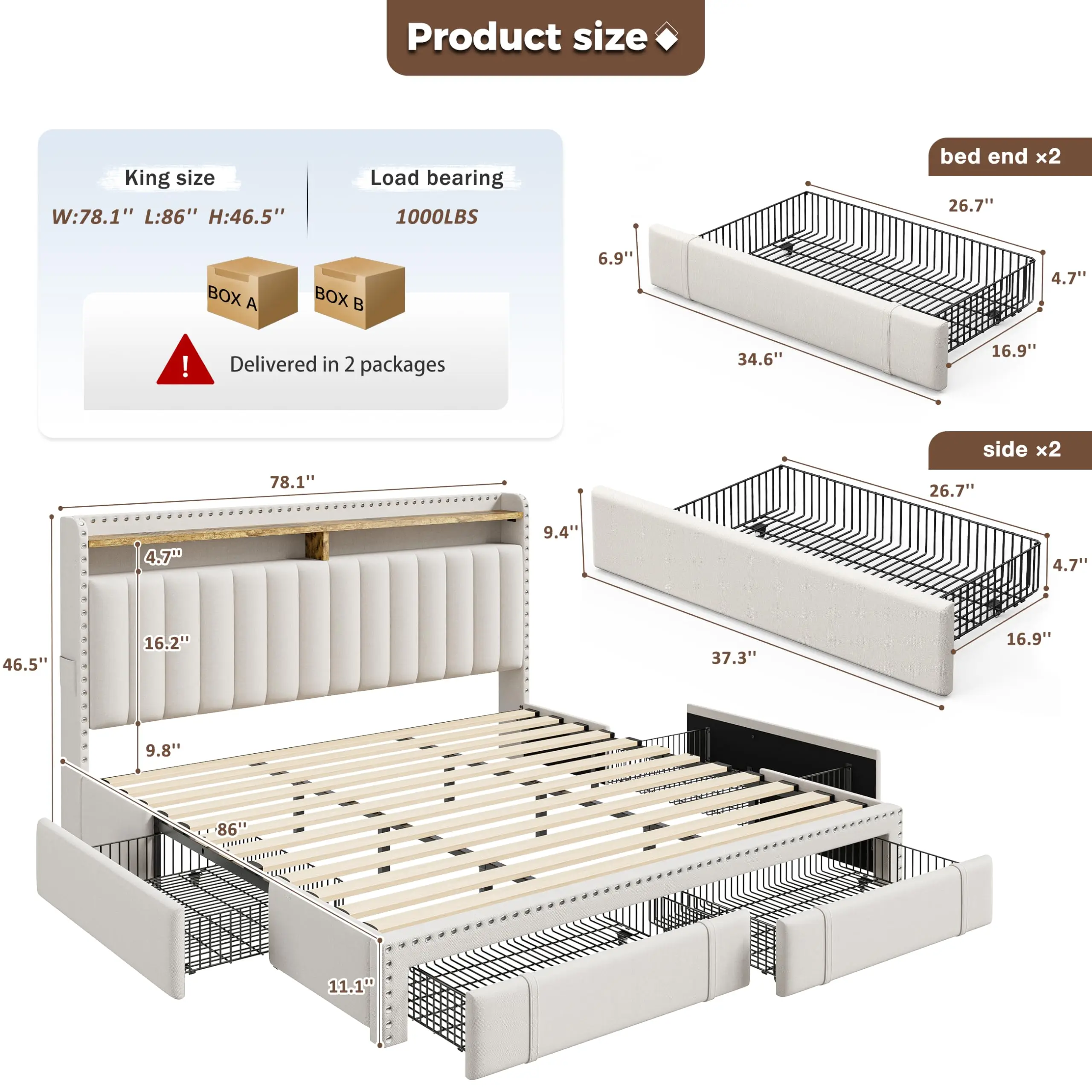 Bettgestell in Kingsize mit 4  – King Size Bed Frame With Storage Drawers Bewertung und Preis