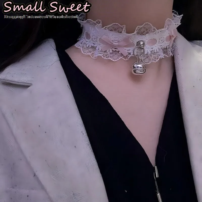 Women Luolita Subculture Christmas Themed Lace Ruffle Bow Leather Choker Dark Gothic Y2K Sweet Girls Bell Neck Ornaments