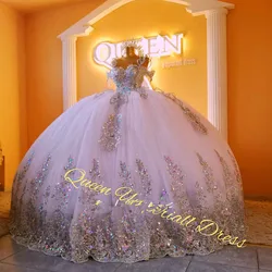 Sparkly Spaghetti Straps Ball Gown Quinceanera Dresses Sleeveless Sequined Appliques Crystal Sweet 16 Vestidos De 15 Años Custom