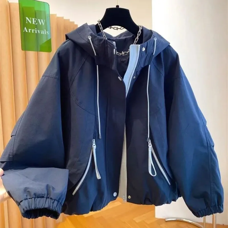Autumn Femme Fashion Loose Trench Short Tops Korean Women Patchwork Windbreaker Coat Spring Ladies Hooded Casual Workwear Jacket
