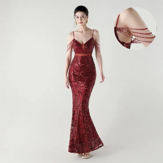 

Prom Dress Women Party Long Sequin Mermaid Evening Dress Fish Tail Red Open Back Formal Dress White Sleeveless Elegant V Neck
