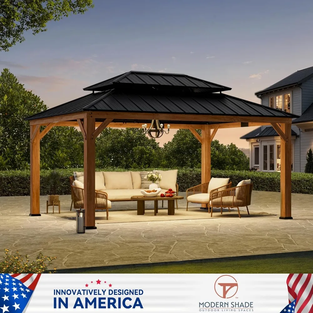 Modern Shade Rosewood Wood Gazebo 12' x 16', Cedar Framed Wooden Gazebo with Double Galvanized Steel Roof