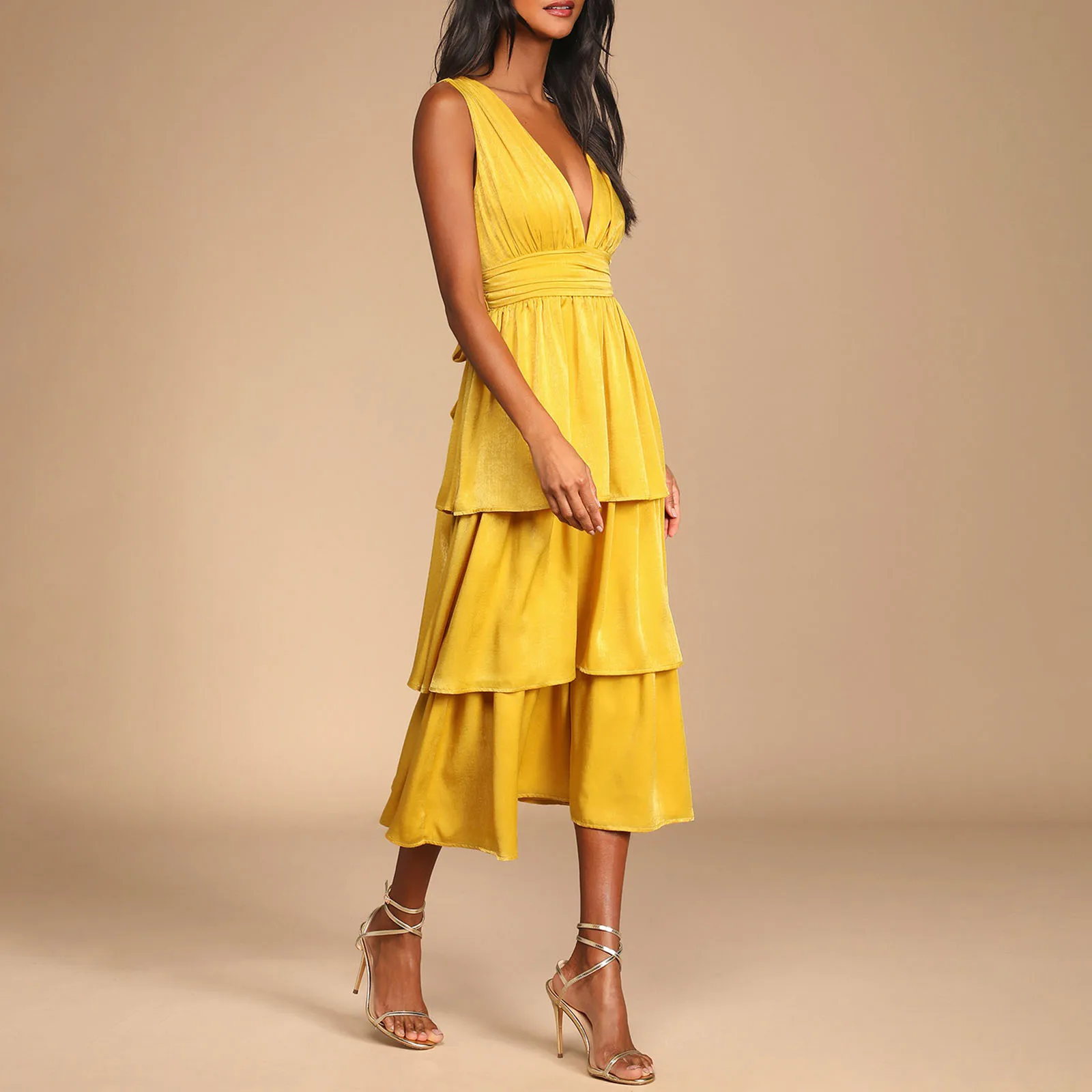 Elegante Vestido Midi Cetim Feminino, Monocromático, Sem Mangas, Decote V, Ruffle em Camadas, Festa Noturna, Coquetel Clube