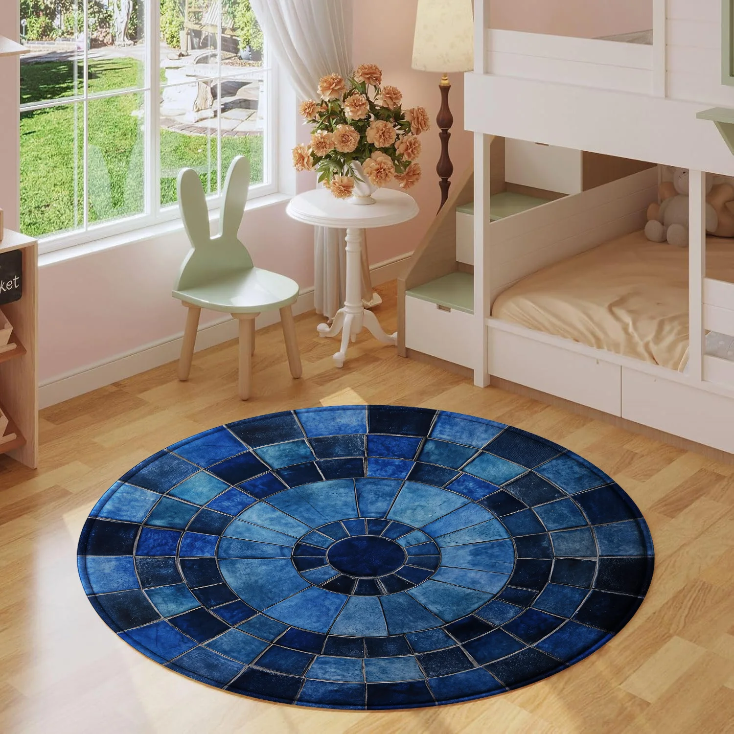 Blue Mosaic Tile Effect Round Floor Mat, Geometric Concentric Circle Design for Modern or Coastal Home Decor