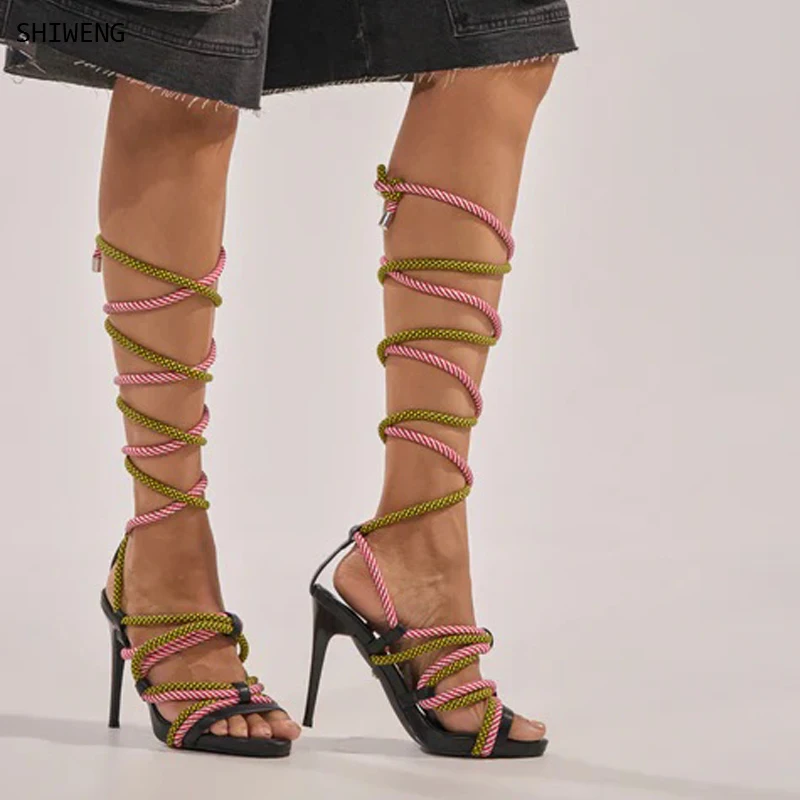 

2026 Sexy Colorful Ropes Lady Sandals Fashion Cross Strap Knot Gladiator Sandals Boots Woman Stiletto Heel Pumps Shoes 44
