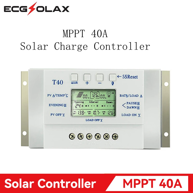 ECGSOLAX MPPT Regulator ładowania słonecznego Regulator słoneczny samochodowy 40A 20A 12V 24V z wyświetlaczem LCD załadować podwójny Regulator