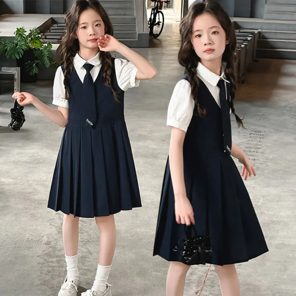 

Pleated Kids Fake Two Dress Short Sleeve Preppy Style Summer Girls Dresses Teenagers Skirts Children A-line Dress Holiday