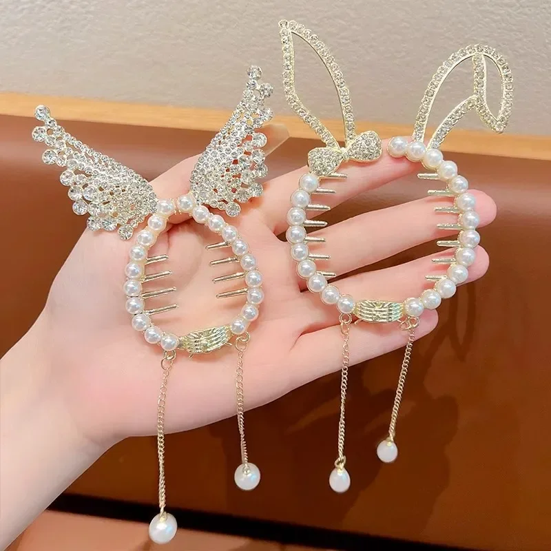 Blue Red Butterfly Bun Ponytail Buckle Holder Hair Clips Elegant Hairpin Hanging Pearl Tassel High Ponytail Hair Claw for Women