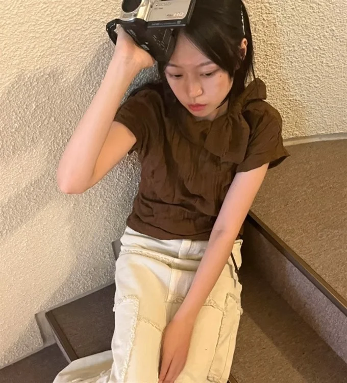 New Chinese Style Retro Texture Short Sleeve T-Shirt Necktie Design Base Layer Top Commute Style Other Material Made
