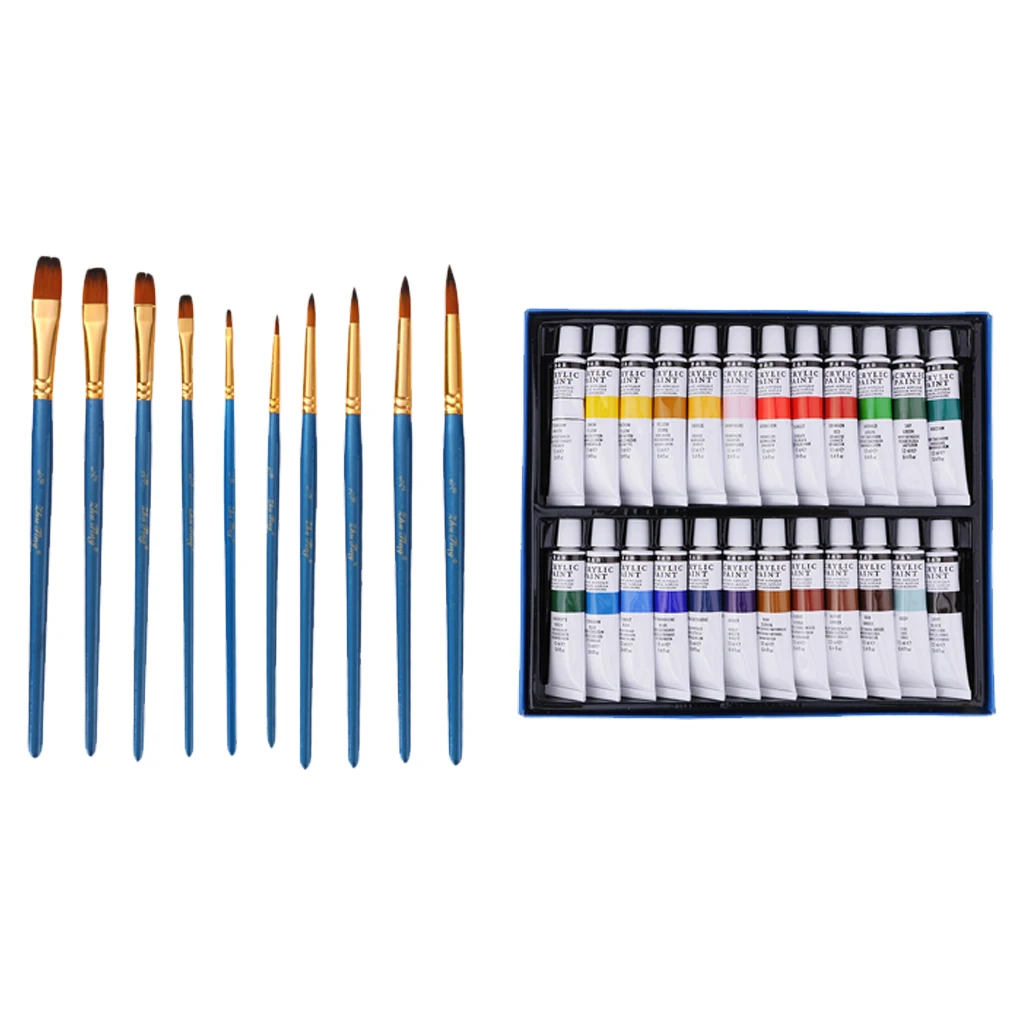 Acrylic Painting Kit Set 10pcs Nylon Brushes +24 Colors Tube Acrylic Paint