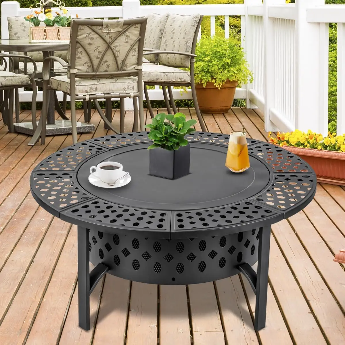 42 Inch Fire Pit with 2 Grills Lid & Poker, Heavy Duty Fire Pit,BBQ & Outdoor Fire Pit & Round Metal Table 3 in 1 for Patio