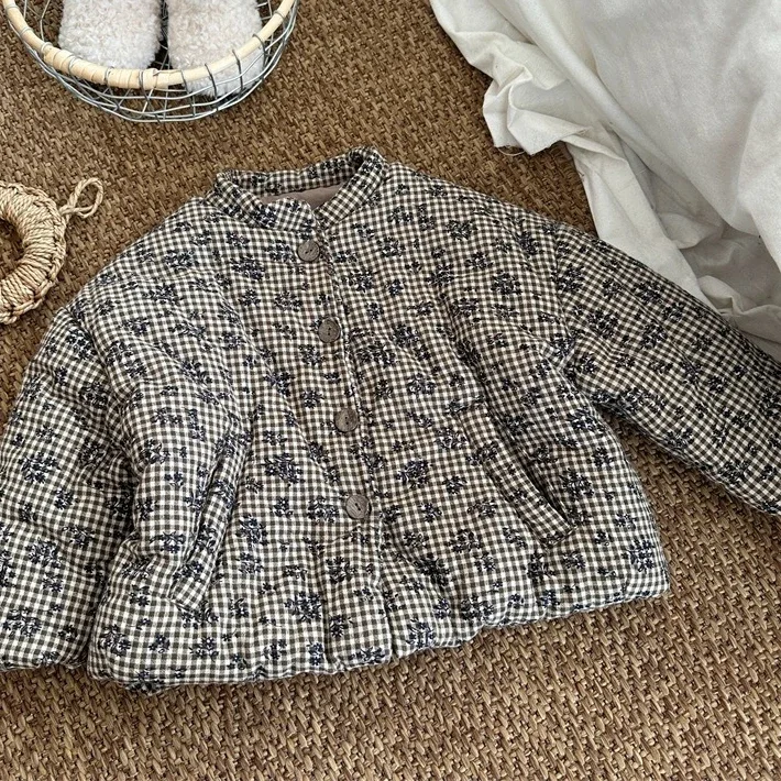 Roupas de Algodão para Meninas 2025 Outono e Inverno Novas Roupas Infantis Estilo Coreano Casaco de Algodão Floral com Gola Alta