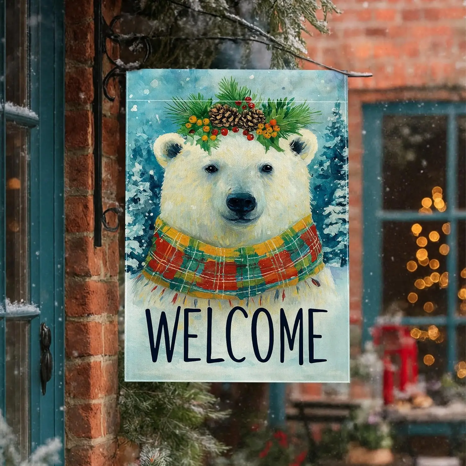 Polar Bear House Flag, Winter Festive Pinecones Berries Winter White Double Sided Burlap Outside Large Garden Flag for Outdo PPM