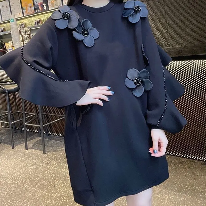 Spring Autumn Beading Ruffles Spliced Sweatshirts Female Clothing Chic Floral Three-dimensional Decoration O-Neck Midi Pullovers