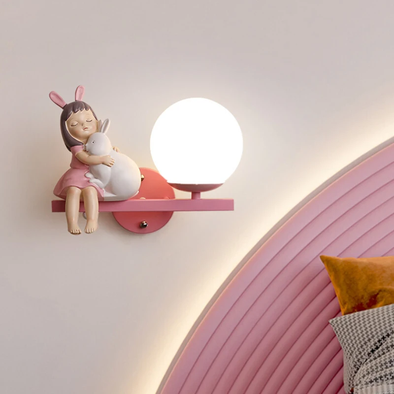 lampada de parede de desenhos animados para criancas pink princess room cavalo de resina coelho sala de estar quarto cabeceira bebe criancas 01