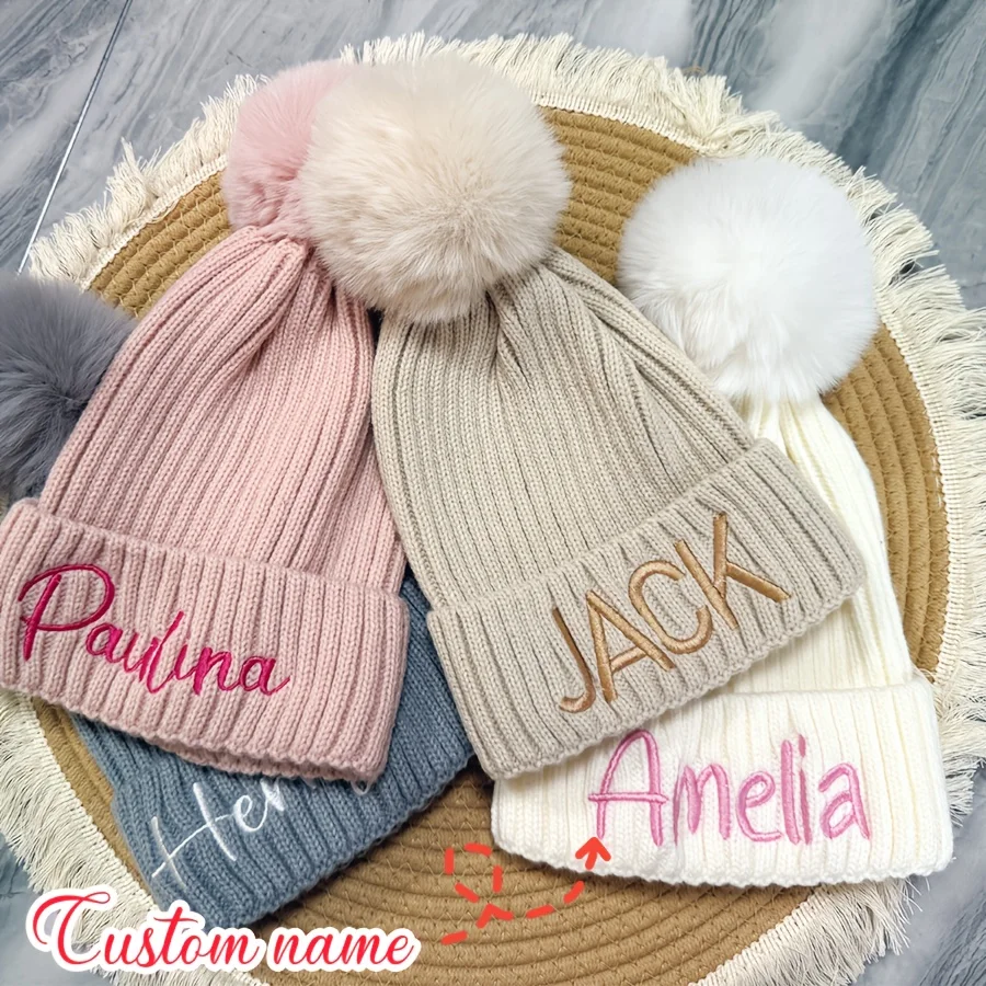 Custom Name Yarn Winter Beanie Fashion Embroidered Text Hat Trendy Fashion Cap for School Uniform Personalized Christmas Gift