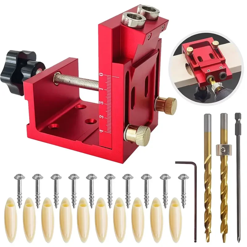 1 Set Red/Blue Removable Pocket Hole Jig Kit Inclined Hole Drilling Positioner Aluminum Alloy Woodworking Oblique Punch