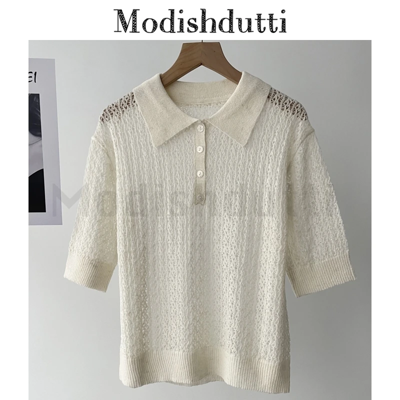 2025 Summer Women's Beige Hollow Out Polo Collar T Shirt female Casual Short Sleeve Knit Top