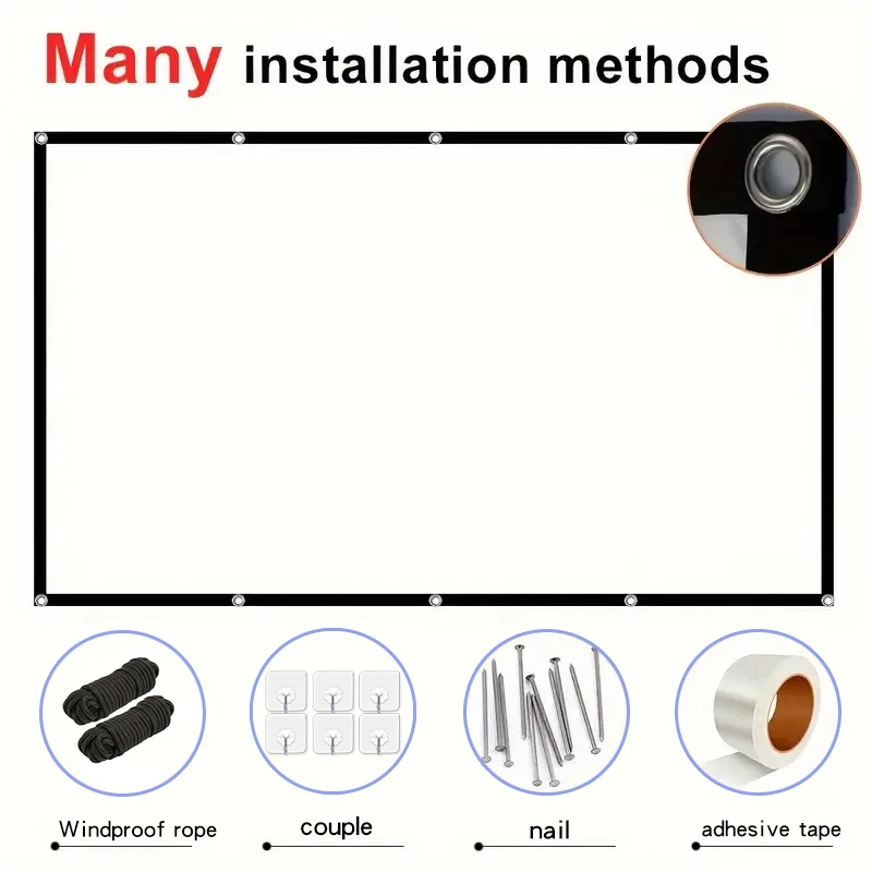 100-дюймовый мягкий экран высокой плотности с веревкой. Можно сложить. Портативный. Можно очищать. Можно гладить.