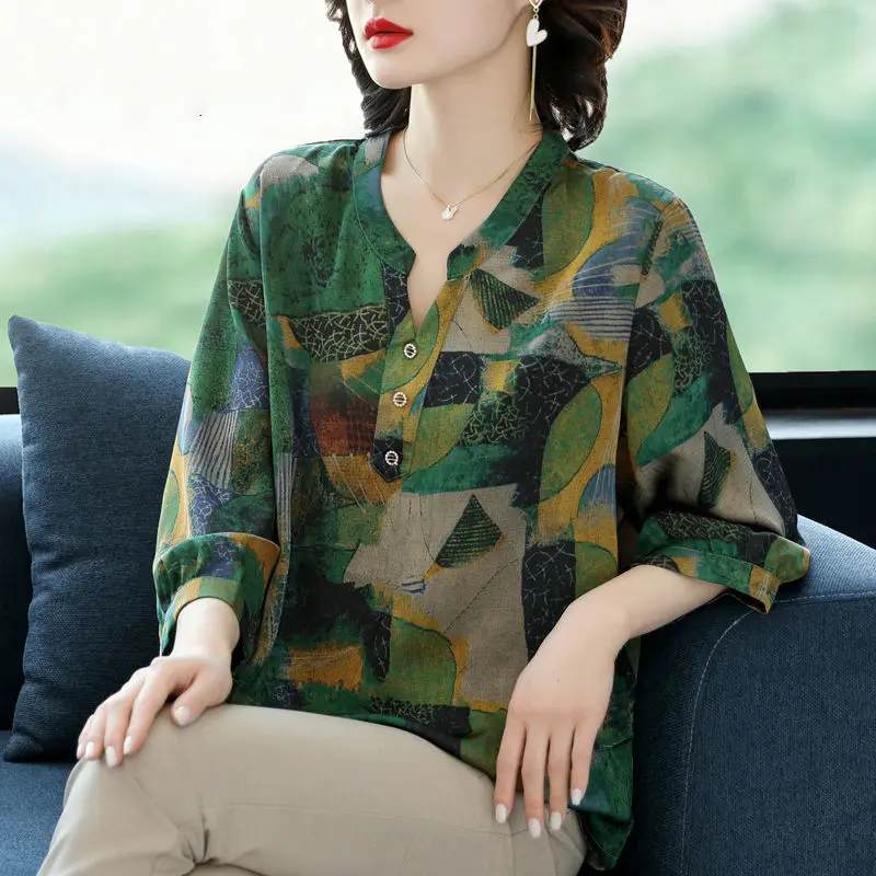 Women Vintage Clothes  chiffon Blouse 2024 Summer Simple Loose V Neck Shirts Casual Chic Tops