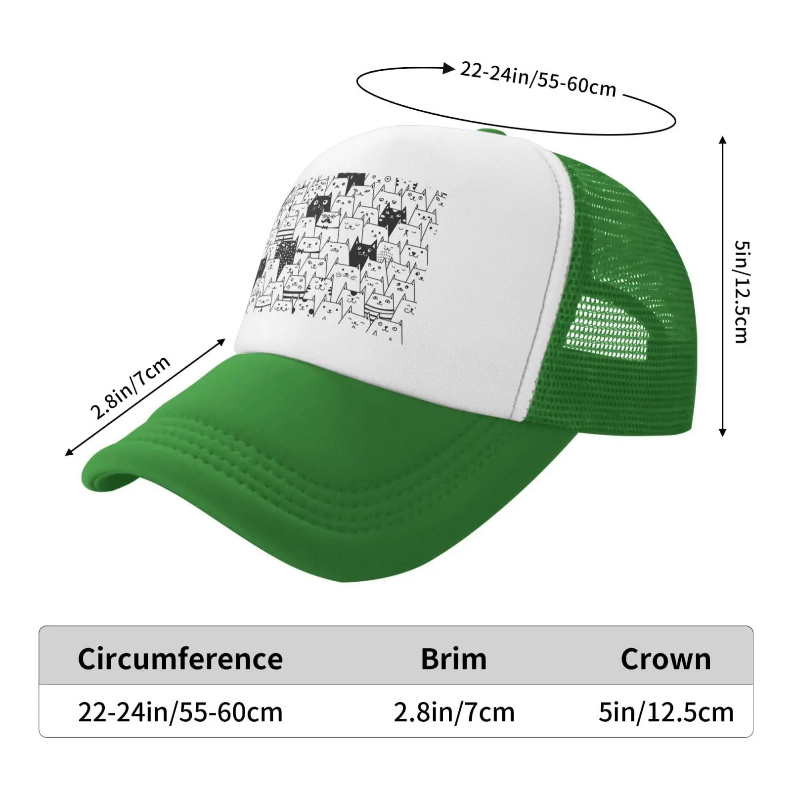 Personalized Black and White Cat Green Mesh Baseball Cap Sun Visor Hat Womens Men,Sun Hats Sport Cap Trucker Hat