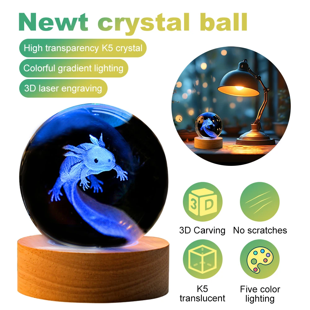 3D Salamander Crystal Ball Coloured Night Light with Wooden Lamp Holder for Children Birthday Gift Home Bedroom Decoration