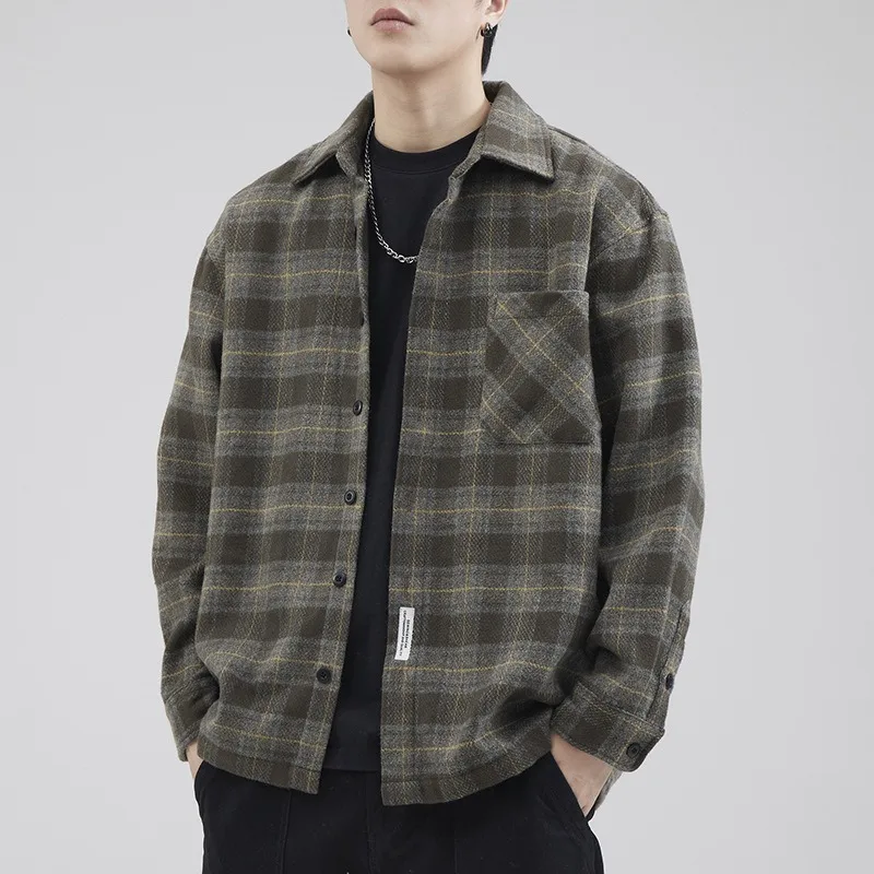 2026 Autumn New Retro Plaid Men's Casual Long Sleeved Shirt Jacket Japan Korean Fashion Oversized Loose Shirt Coats Streetwear