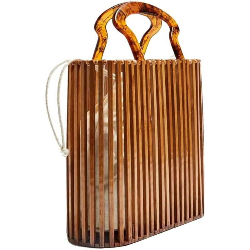 Womens Fashion Bamboo Bag with Acrylic Handle Bucket Bag Acrylic Summer Beach Clutch Purse Handbags Christmas Gifts