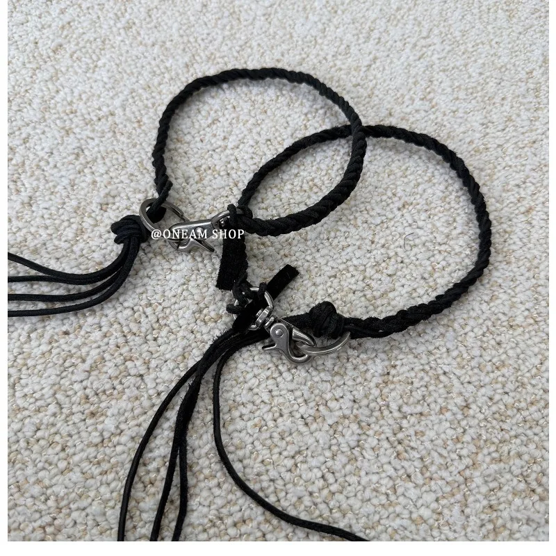 High Street Hand Woven Twist Necklace Washed Vintage Leather Rope Titanium Steel Keychain Versatile Jewelry