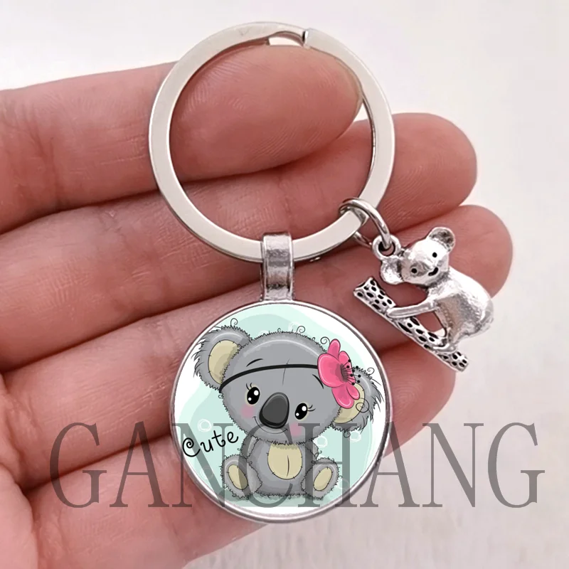 Cute Koala Keychain Animal Photo Glass Cabochon Key Ring Koala Charm Pendant Keychain Handbag Car Accessories Jewelry Gift