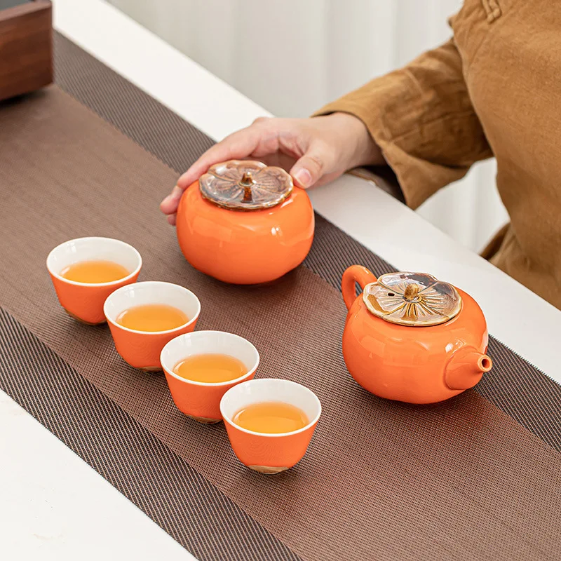 Persimmon Tea Set Ceramic Gift Box Customizable Teapot Cups Present